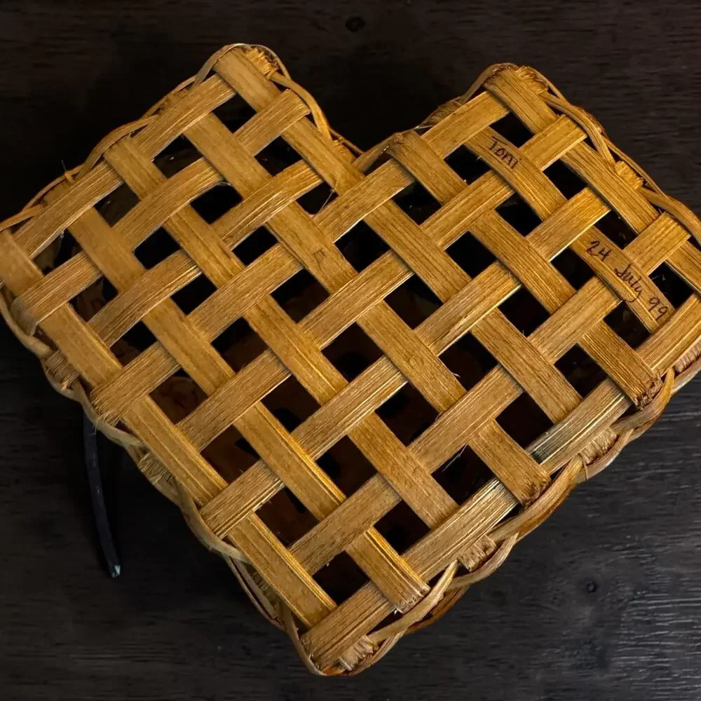Vintage Handmade Heart Shaped Wicker Wall Basket Pocket Two-Tone Navy